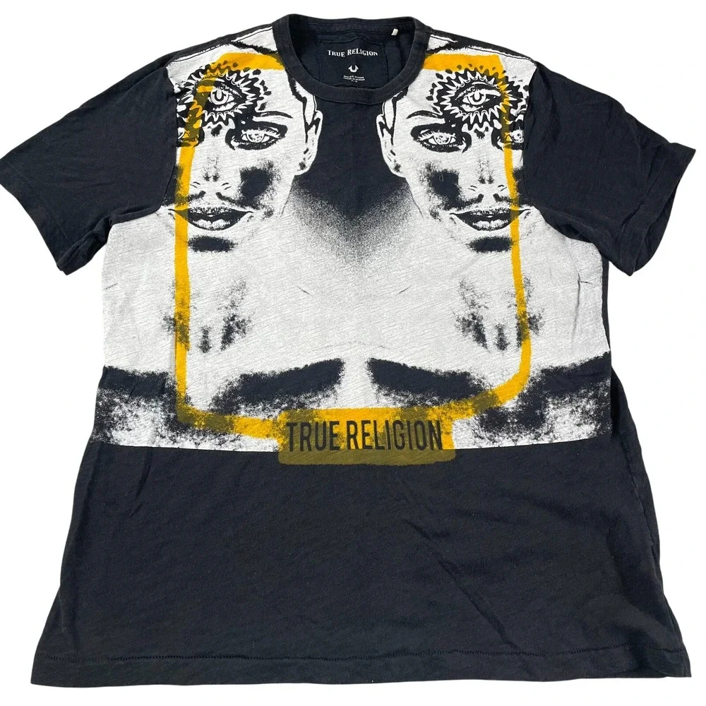 True Religion Black Graphic T-Shirt Tee Grunge Art Rock Size XL Big Graphic Tee‎